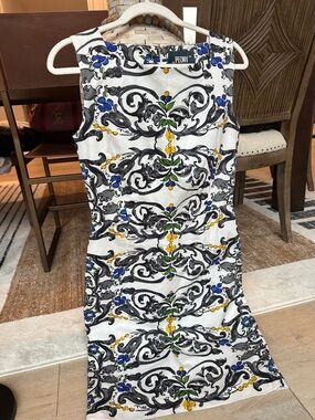 SAMANTHA SUNG White Midi Dress with Blue, Yellow & Green Baroque Motif